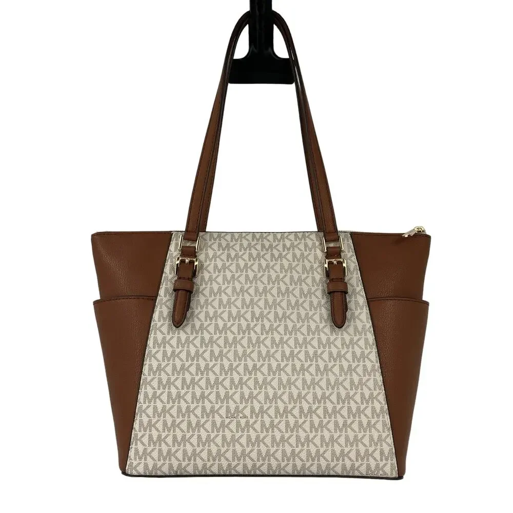 Michael Kors Cream Brown Vanilla Gold Monogram Charlotte Large TZ Tote Bag Purse